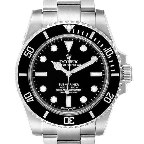 The image shows a front view of the Rolex Submariner 114060 Men's Stainless Steel Black Dial 114060 Men's Stainless Steel Black Dial watch, displaying the dial, bezel, hands, and crown in detail.