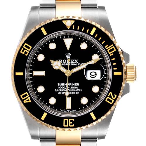 The image shows a front view of the Rolex Submariner 126613 Men's Steel and Gold (two tone) Black Dial 126613 Men's Steel and Gold (two tone) Black Dial watch, displaying the dial, bezel, crown, and part of the bracelet.