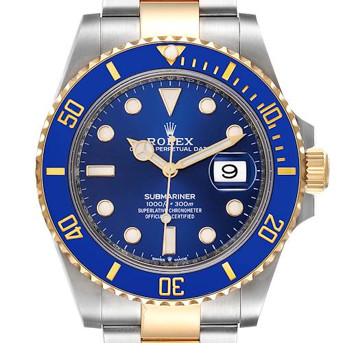 This image showcases the front view of the Rolex Submariner 126613 Men's Steel and Gold (two tone) Blue Dial 126613 Men's Steel and Gold (two tone) Blue Dial, highlighting its blue dial, bezel, gold accents, and date window at 3 o'clock.