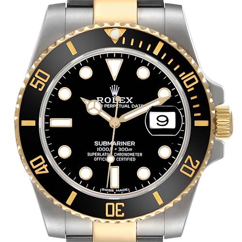 The image shows a front view of the Rolex Submariner 116613LN Men's Steel and Gold (two tone) Black Dial 116613LN Men's Steel and Gold (two tone) Black Dial, highlighting its black dial, gold bezel, and date feature.