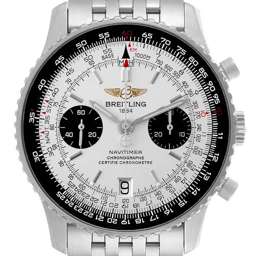 The Breitling Navitimer A23330 Men's Stainless Steel Silver Dial A23330 Men's Stainless Steel Silver Dial watch is shown from a frontal angle, displaying the dial, bezel, subdials, and bracelet.