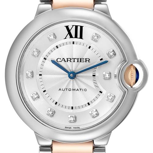 This image shows a front view of the Ballon Bleu model by Cartier, highlighting the dial, hands, diamond markers, and crown.