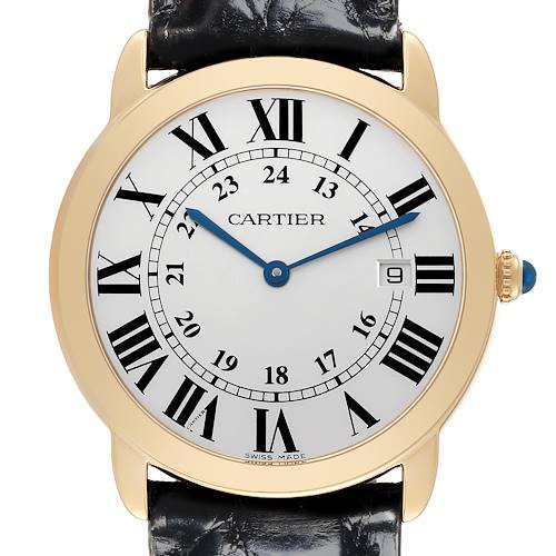 The Cartier Ronde W6700455 Men's Yellow Gold Silver Dial W6700455 Men's Yellow Gold Silver Dial watch is shown from a front angle, highlighting the dial, hour markers, and strap attachment.