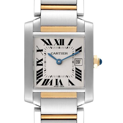 The image shows a Cartier Tank Française watch from a front angle, highlighting its rectangular face and Roman numeral dial.