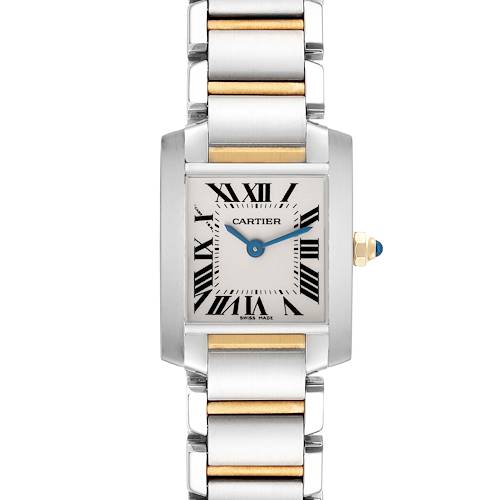 The Cartier Tank Francaise W51007Q4 Women's Steel and Gold (two tone) Silver Dial W51007Q4 Women's Steel and Gold (two tone) Silver Dial watch is shown from a top-down angle, displaying the face, bezel, and bracelet.