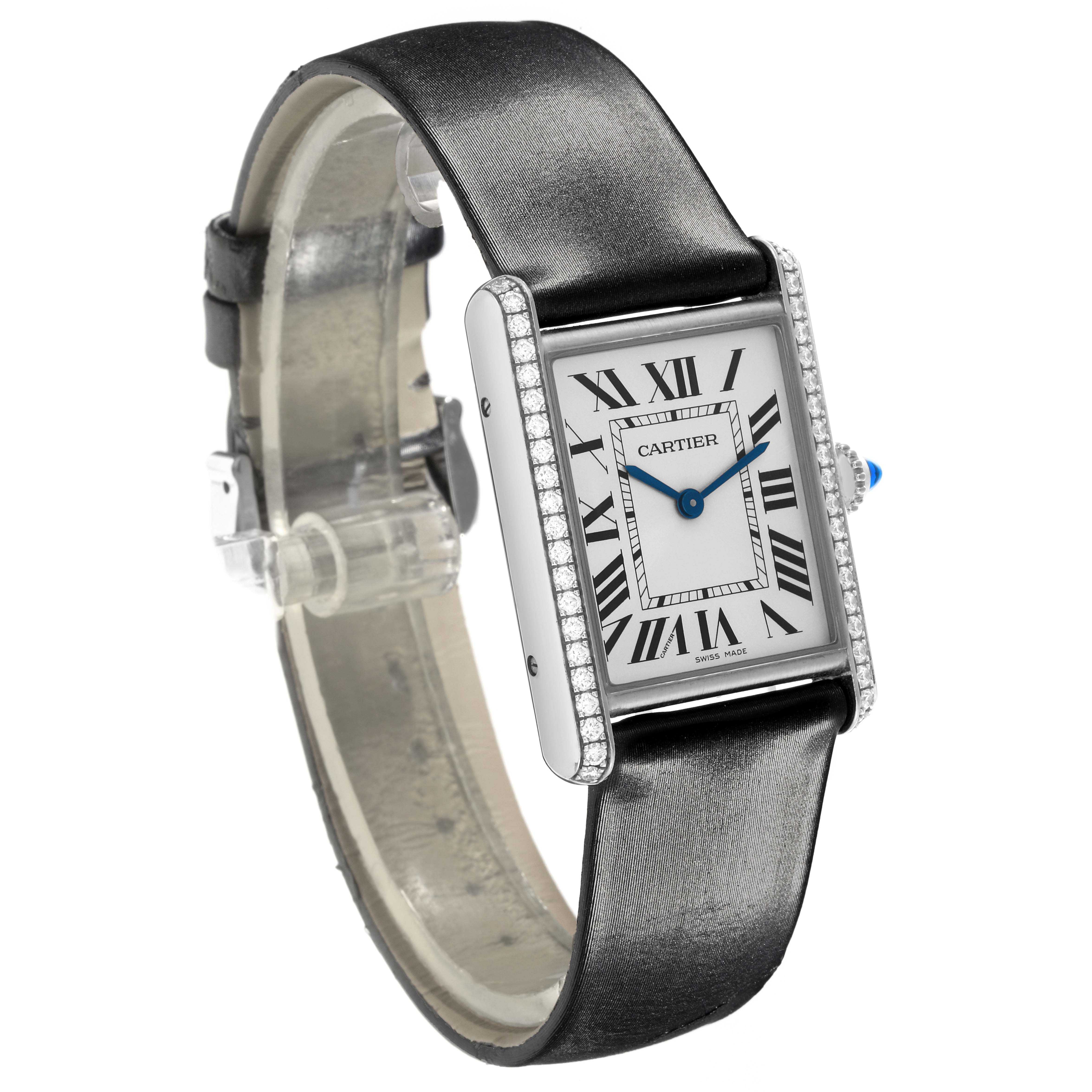 The Cartier Tank Must W4TA0017 Women's Stainless Steel Silver Dial W4TA0017 Women's Stainless Steel Silver Dial watch is shown at a three-quarter angle, highlighting its rectangular face and black leather strap.