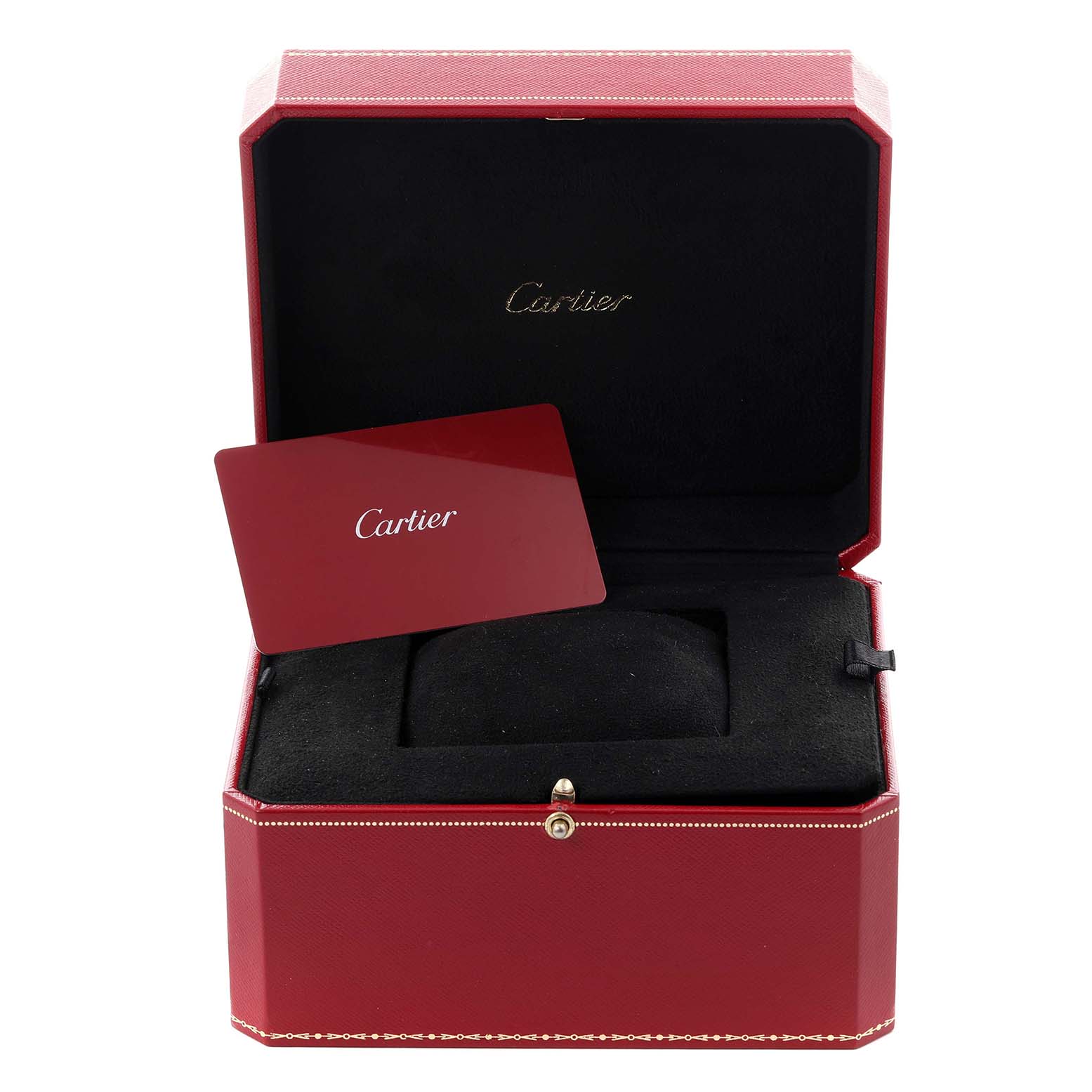 The image shows a red Cartier box for the Tank Must model, featuring a card and cushioned interior.
