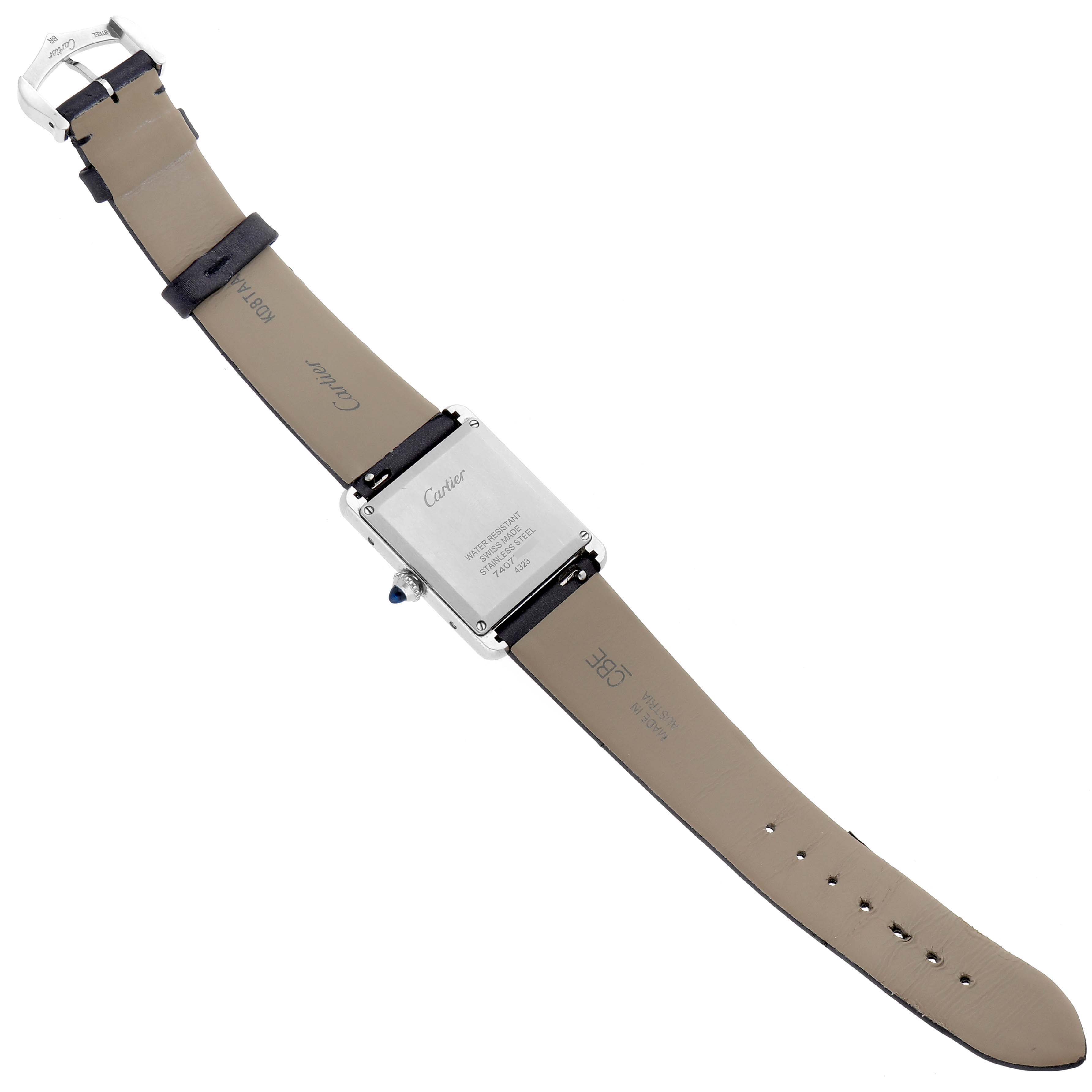 The Cartier Tank Must W4TA0017 Women's Stainless Steel Silver Dial W4TA0017 Women's Stainless Steel Silver Dial watch is shown from the back, displaying the case, strap, and buckle.