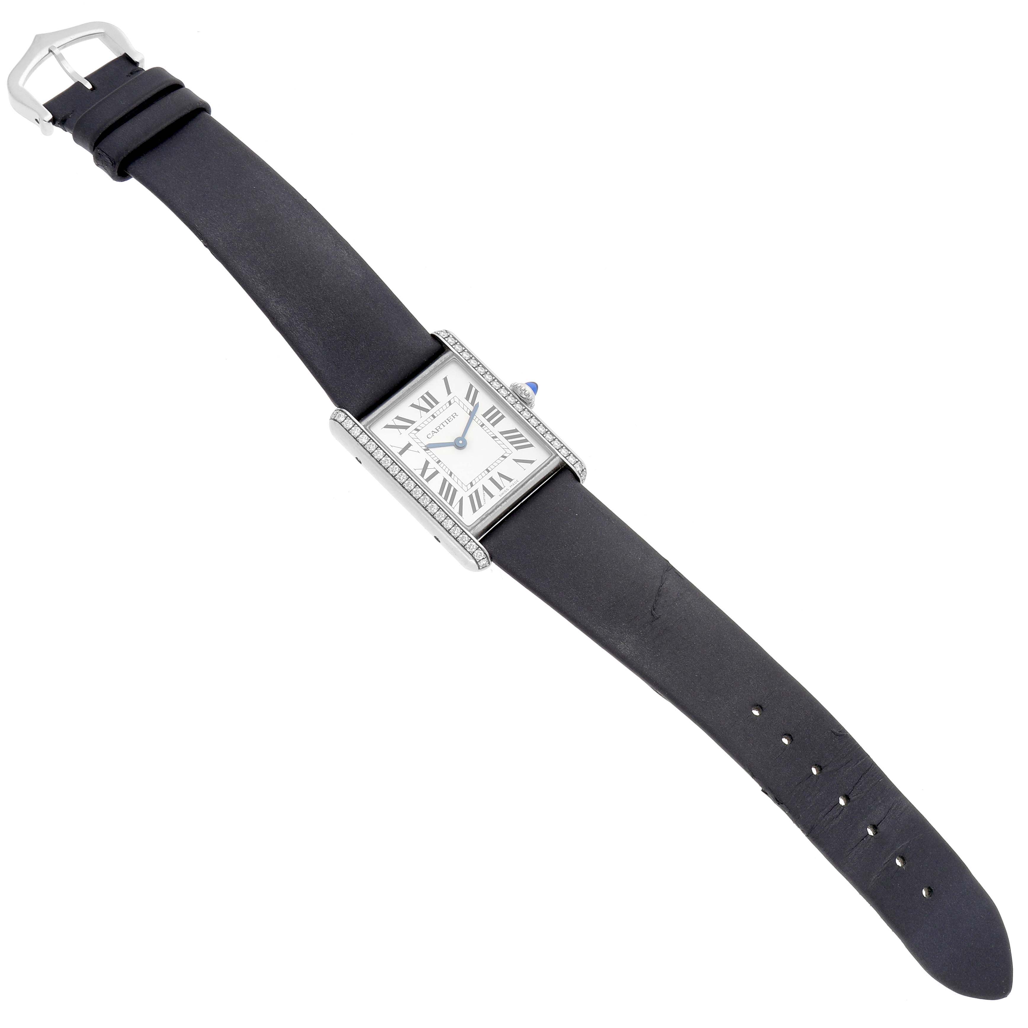 The Cartier Tank Must W4TA0017 Women's Stainless Steel Silver Dial W4TA0017 Women's Stainless Steel Silver Dial watch is shown from a top view, displaying the face, bezel, and entire leather strap.