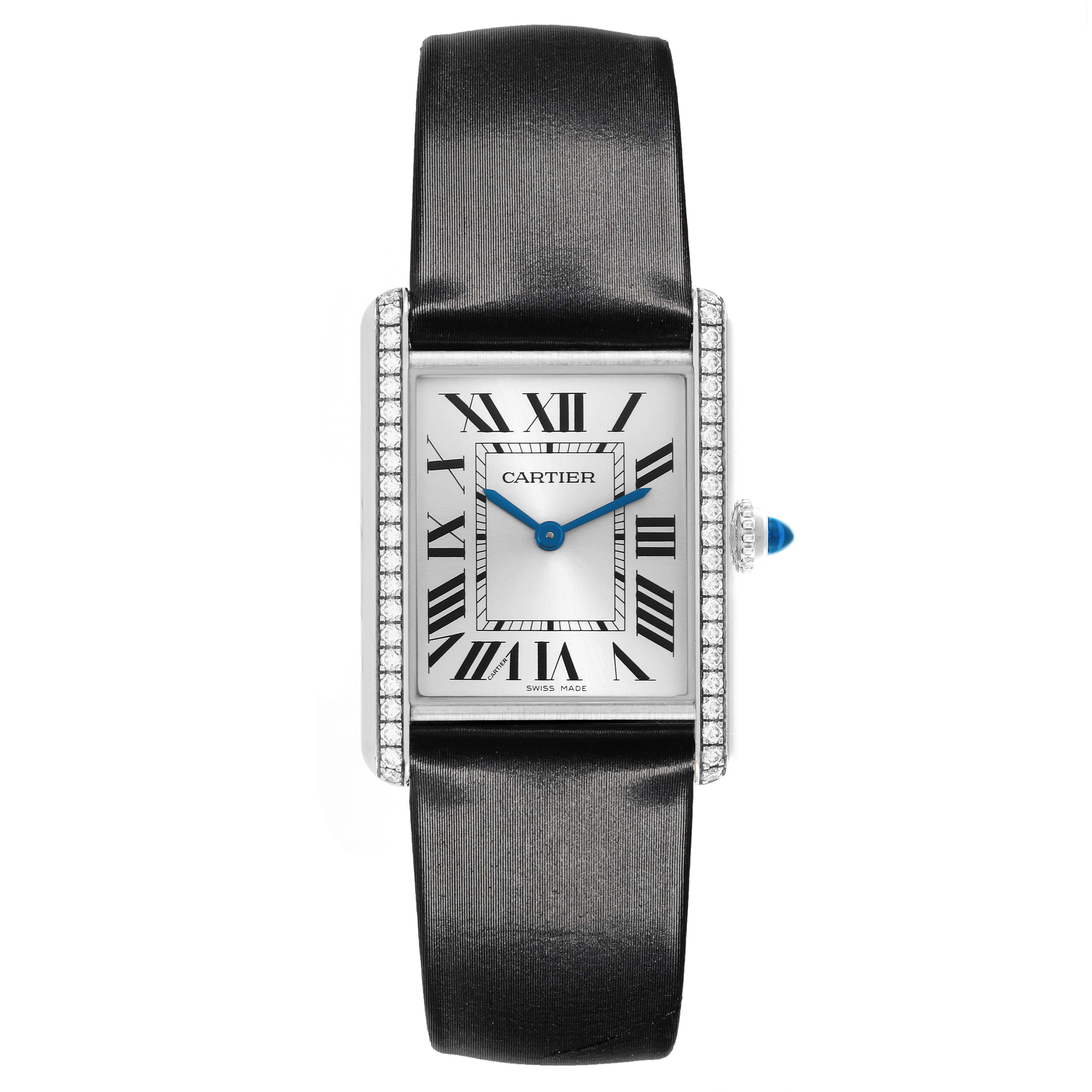 The Cartier Tank Must W4TA0017 Women's Stainless Steel Silver Dial W4TA0017 Women's Stainless Steel Silver Dial watch is shown from a top view, displaying its rectangular face, Roman numerals, and leather strap.