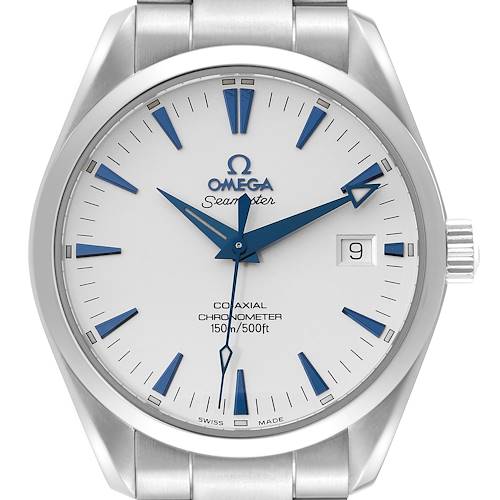 The Omega Seamaster Aqua Terra watch is shown from a front angle, displaying its dial, hands, markers, date window, and part of the bracelet.