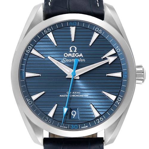 This is a close-up view of the Omega Aqua Terra 220.13.41.21.03.002 Men's Stainless Steel Blue Dial 220.13.41.21.03.002 Men's Stainless Steel Blue Dial watch face, showing the dial, hour markers, hands, and crown.