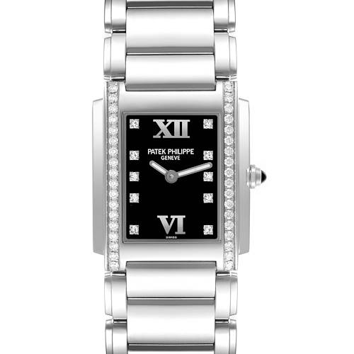 The Patek Philippe Twenty-4 4910/10A-001 Women's Stainless Steel Black Dial 4910/10A-001 Women's Stainless Steel Black Dial watch is shown from the front, displaying its rectangular face, bracelet, and diamond accents.