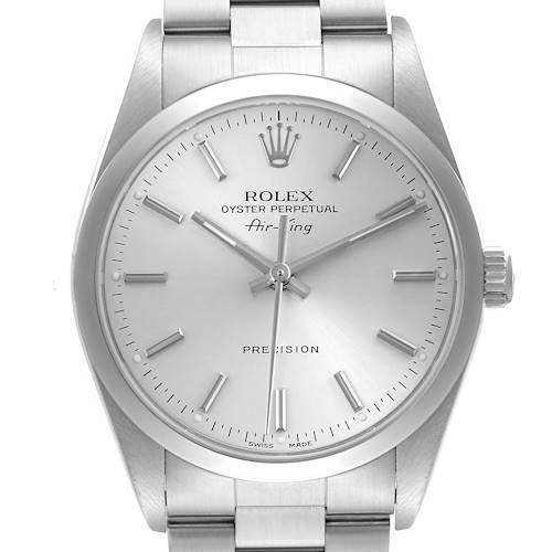 The Rolex Air-King 14000 Men's Stainless Steel Silver Dial 14000 Men's Stainless Steel Silver Dial is shown from a front angle, highlighting the dial and bezel.