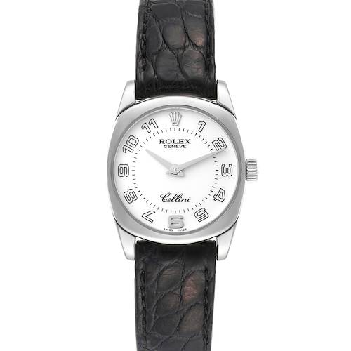 The image shows a front view of a Rolex Cellini 6229 Women's White Gold White Dial 6229 Women's White Gold White Dial watch, featuring its dial, casing, and leather strap.