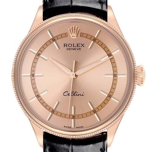 The Rolex Cellini 50505 Men's Rose Gold Pink Dial 50505 Men's Rose Gold Pink Dial watch is shown from a front angle, displaying its dial, bezel, and part of the leather strap.