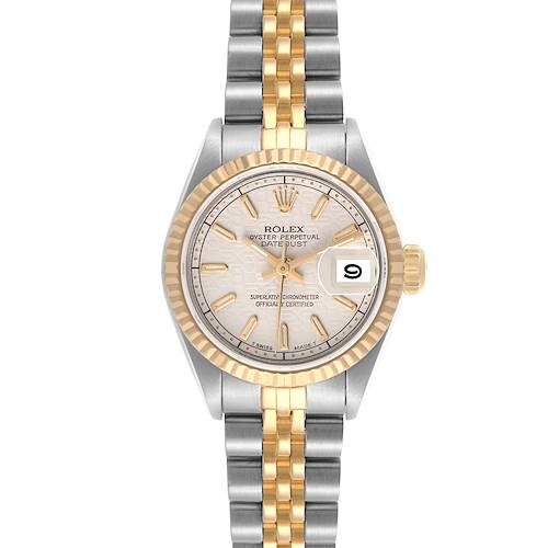 The Rolex Datejust 69173 Women's Steel and Gold (two tone) Beige Dial 69173 Women's Steel and Gold (two tone) Beige Dial watch is shown from the front, highlighting the dial, bezel, and two-tone bracelet.