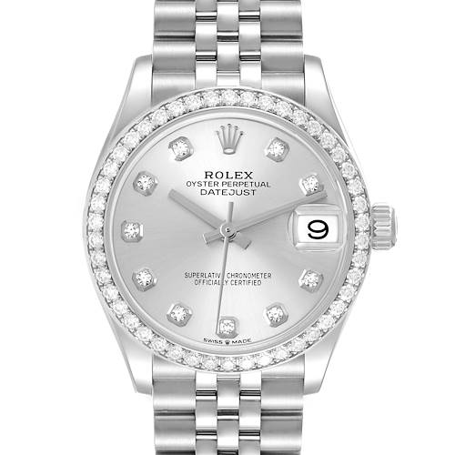The Rolex Datejust Mid-Size watch is shown from the front, displaying the face, bezel, and bracelet.