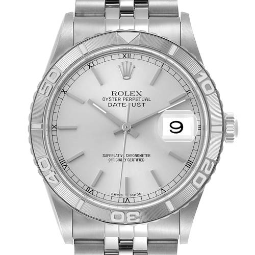 The Rolex Turn-o-Graph 16264 Men's Stainless Steel Silver Dial 16264 Men's Stainless Steel Silver Dial watch is shown from a front angle, highlighting its face, bezel, and bracelet.