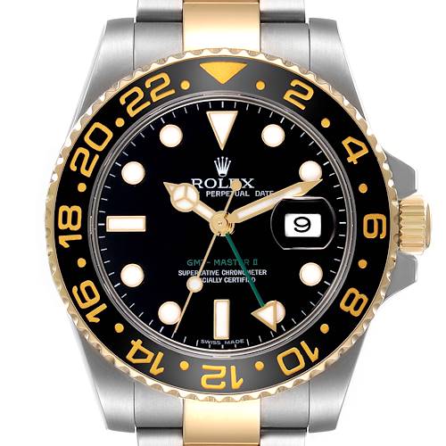 This image shows a front view of a Rolex GMT-Master 116713 Men's Steel and Gold (two tone) Black Dial 116713 Men's Steel and Gold (two tone) Black Dial II watch featuring the dial, bezel, hands, and part of the bracelet.