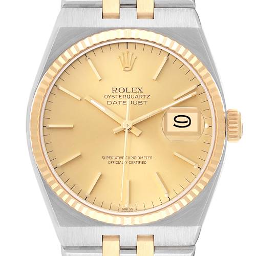This image shows a front view of the Rolex Oysterquartz 17013 Men's Steel and Gold (two tone) Champagne Dial 17013 Men's Steel and Gold (two tone) Champagne Dial Datejust watch, highlighting the dial, hands, crown, and date window.