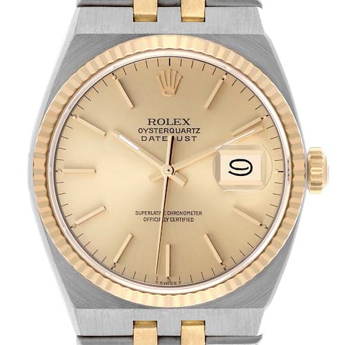 The Rolex Oysterquartz 17013 Men's Steel and Gold (two tone) Champagne Dial 17013 Men's Steel and Gold (two tone) Champagne Dial watch is shown from the front, displaying the dial, hands, date window, crown, and bezel.