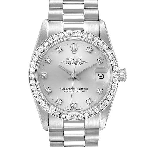 This image shows a front view of the Rolex President 68289 Women's White Gold Silver Dial 68289 Women's White Gold Silver Dial Datejust watch featuring a diamond bezel, silver dial, and date display.