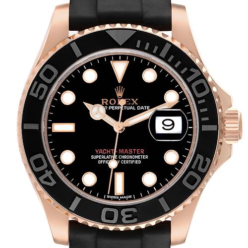 The image shows the Rolex Yacht-Master 116655 Men's Rose Gold Black Dial 116655 Men's Rose Gold Black Dial watch's face from a front angle, highlighting the bezel, dial, and date feature.