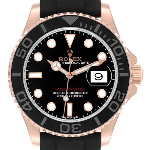 The Rolex Yacht-Master 116655 Men's Rose Gold Black Dial 116655 Men's Rose Gold Black Dial watch is shown from the front, displaying its face, dial, bezel, and rubber strap.