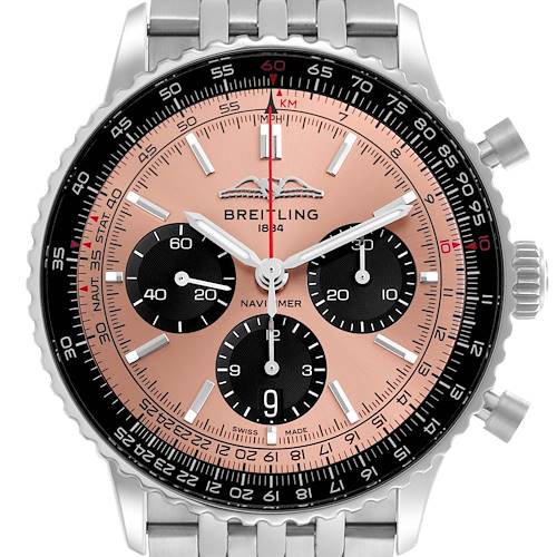 The image shows a front view of the Breitling Navitimer AB0138 Men's Stainless Steel Pink Dial AB0138 Men's Stainless Steel Pink Dial watch, highlighting its dial, chronograph subdials, and bezel.