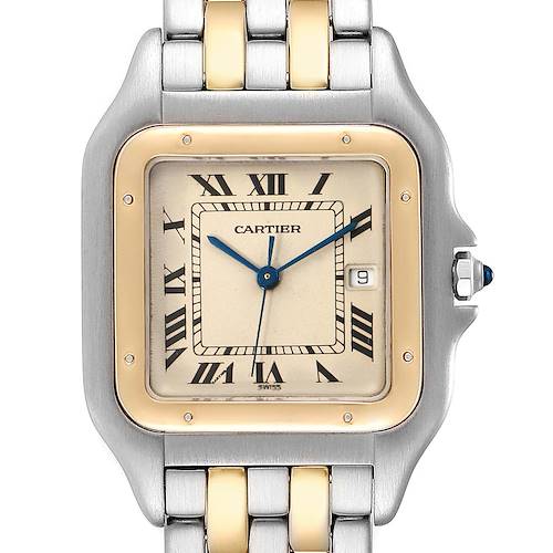The image shows a close-up of the Cartier Panthere 187957 Men's Steel and Gold (two tone) Silver Dial 187957 Men's Steel and Gold (two tone) Silver Dial watch, highlighting its dial, roman numerals, date window, and bezel.