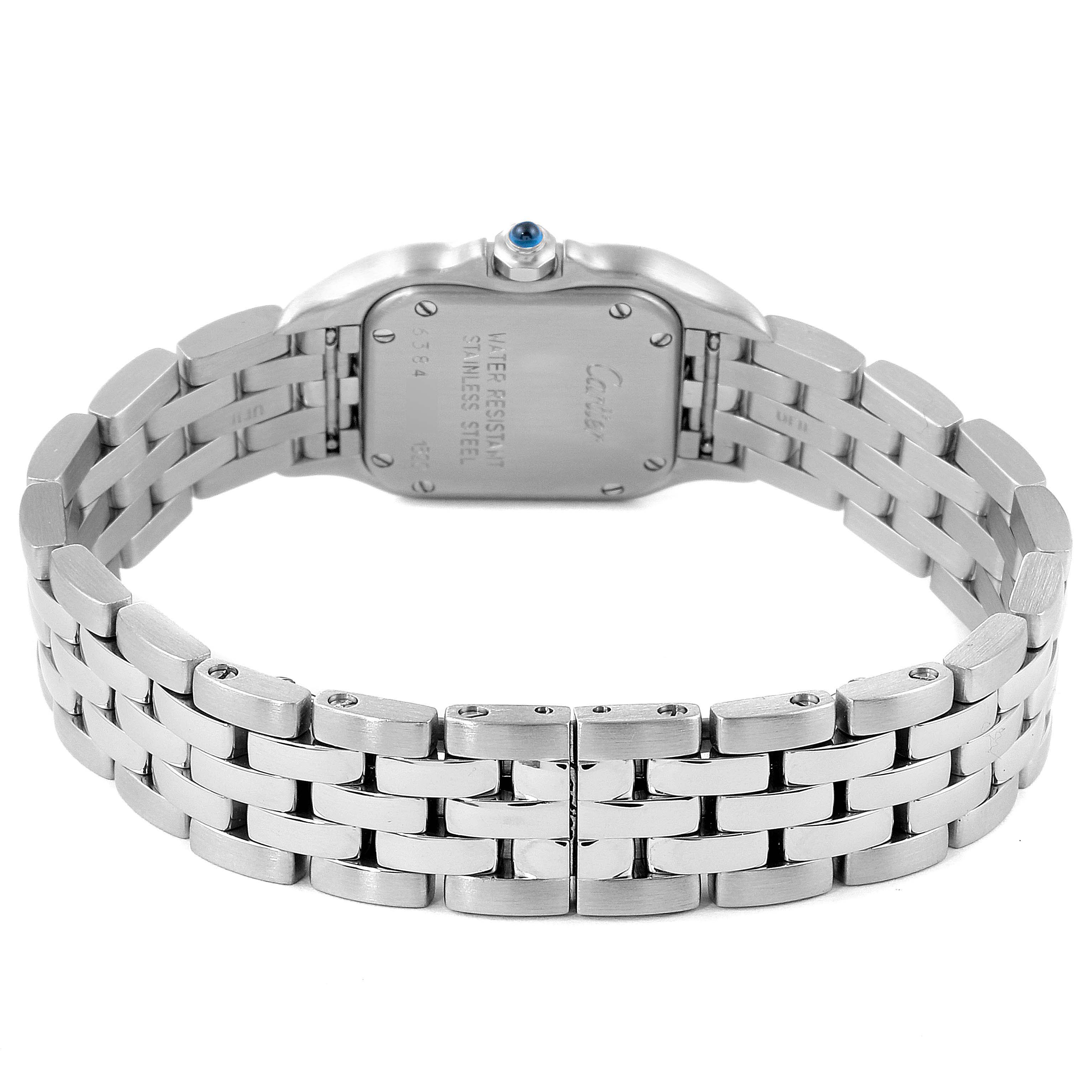 The image shows the back view of a Cartier Panthere W25033P5 Women's Stainless Steel Silver Dial W25033P5 Women's Stainless Steel Silver Dial model watch, highlighting its stainless steel bracelet and case back.