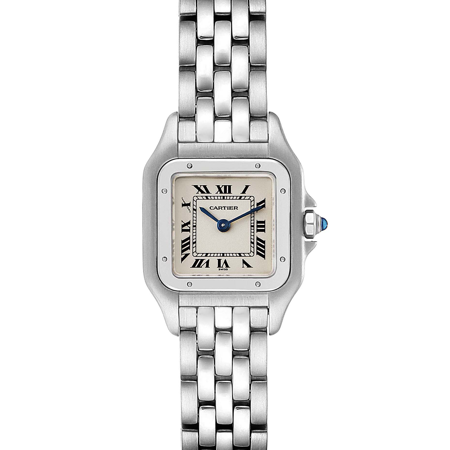 The image shows a front view of the Cartier Panthere W25033P5 Women's Stainless Steel Silver Dial W25033P5 Women's Stainless Steel Silver Dial watch, highlighting its square dial, Roman numerals, and linked bracelet.