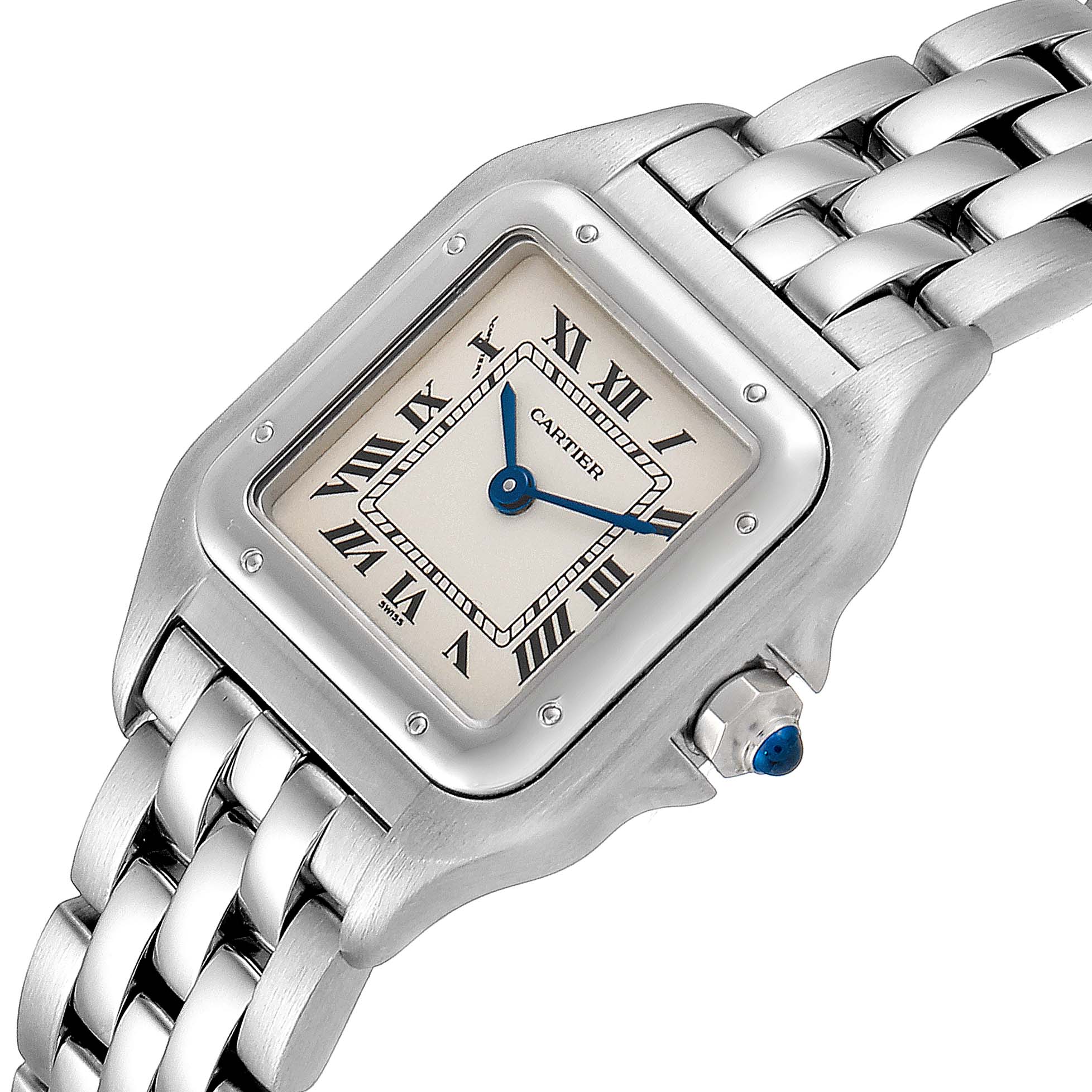 The image shows a close-up, angled view of the Panthere de Cartier watch face, bezel, crown, and a portion of the bracelet.