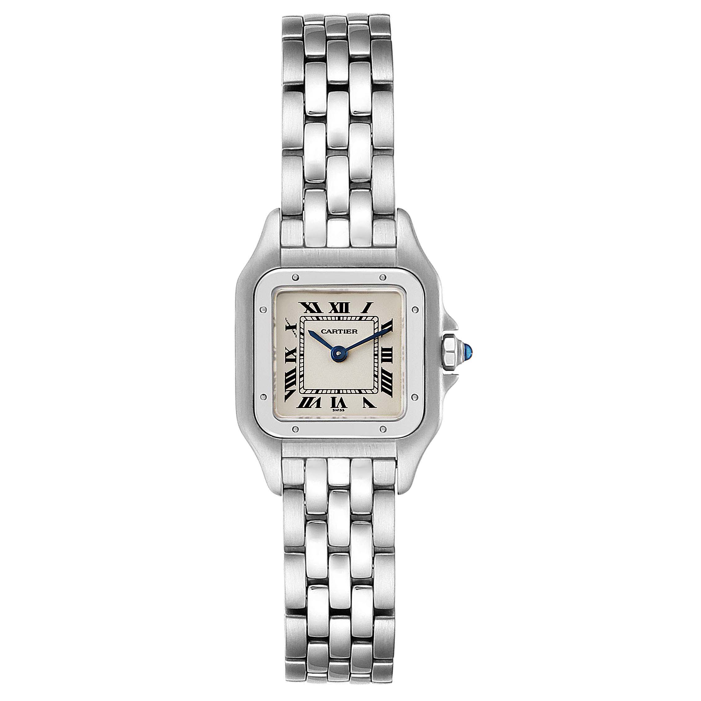 The image shows a Cartier Panthere W25033P5 Women's Stainless Steel Silver Dial W25033P5 Women's Stainless Steel Silver Dial watch from a frontal angle, displaying the face, bezel, crown, and bracelet.