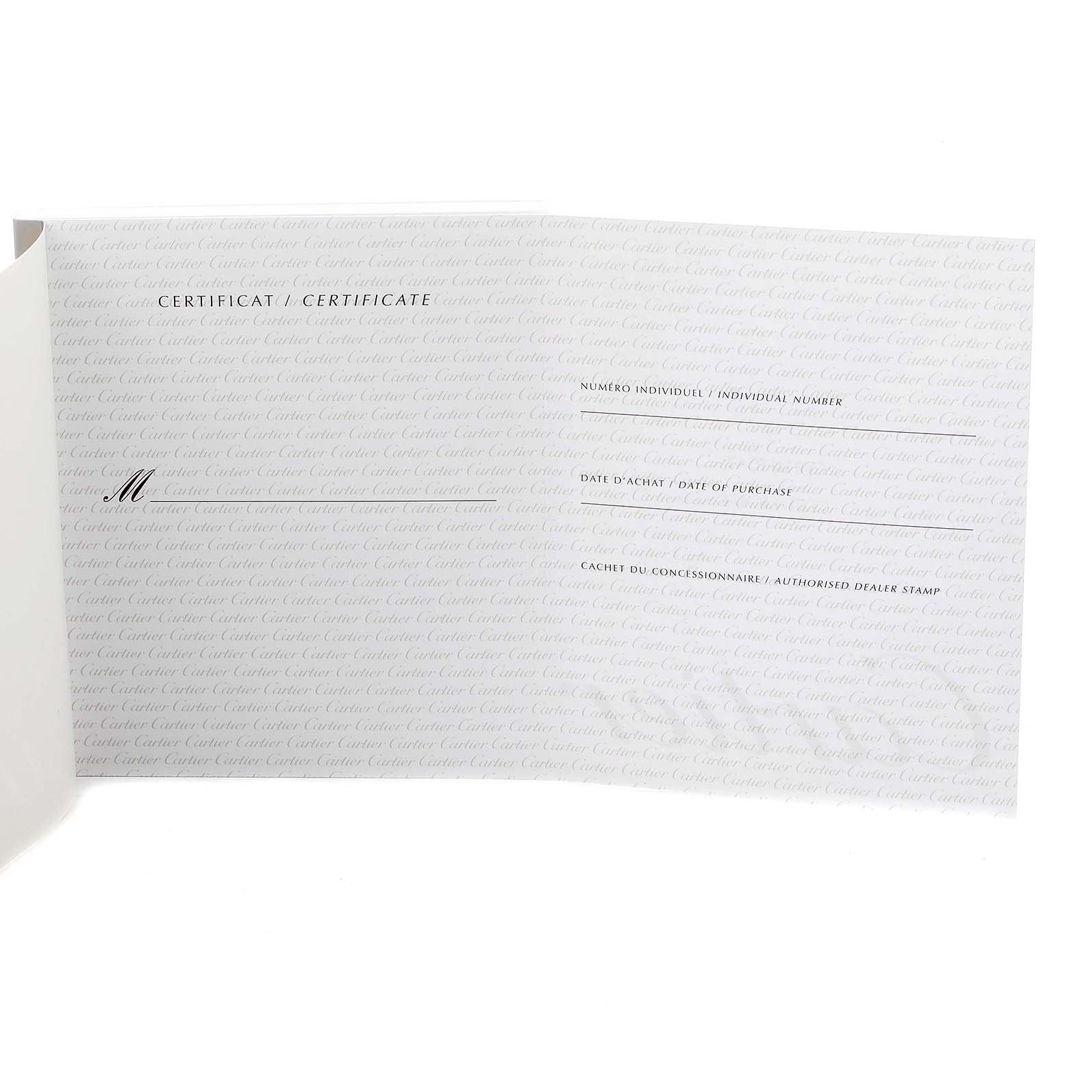 The image shows an open warranty or authenticity certificate for the Cartier Panthere W25033P5 Women's Stainless Steel Silver Dial W25033P5 Women's Stainless Steel Silver Dial watch model.