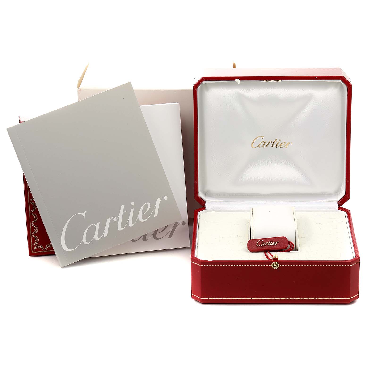 The image shows the Panthere model by Cartier in its original red box with branding, along with accompanying manuals.