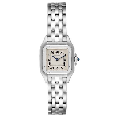 This image shows a front view of the entire Cartier Panthere W25033P5 Women's Stainless Steel Silver Dial W25033P5 Women's Stainless Steel Silver Dial watch with a metal link bracelet and Roman numeral dial.