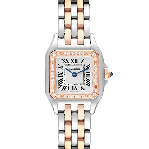 The image shows a Cartier Panthere W3PN0006 Women's Steel and Gold (two tone) Silver Dial W3PN0006 Women's Steel and Gold (two tone) Silver Dial watch featuring a square face with Roman numerals and a two-tone metal bracelet.