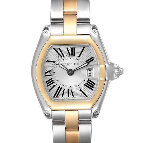 The Cartier Roadster W62026Y4 Women's Steel and Gold (two tone) Silver Dial W62026Y4 Women's Steel and Gold (two tone) Silver Dial watch is shown from the front, displaying the dial, hands, and part of the bracelet.