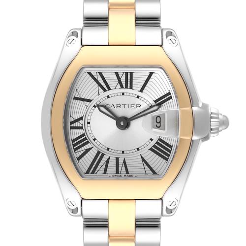 This image shows a close-up, front view of the dial, case, and bracelet of a Cartier Roadster W62026Y4 Women's Steel and Gold (two tone) Silver Dial W62026Y4 Women's Steel and Gold (two tone) Silver Dial watch.