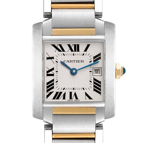 The Cartier Tank Française watch is shown from the front, highlighting its face, Roman numerals, and bracelet detail.