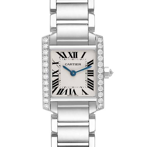 The Cartier Tank Francaise WE1002S3 Women's White Gold Silver Dial WE1002S3 Women's White Gold Silver Dial watch is shown from a front angle, displaying the case, dial, bracelet, and crown.