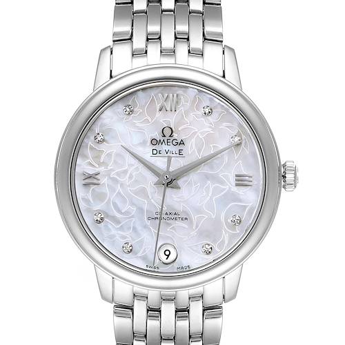 The image shows a front view of the Omega 424.10.33.20.55.001 Women's Stainless Steel Mother of Pearl Dial 424.10.33.20.55.001 Women's Stainless Steel Mother of Pearl Dial DeVille Prestige Butterfly Diamond Watch 424.10.33.20.55.001, focusing on the dial and bracelet.