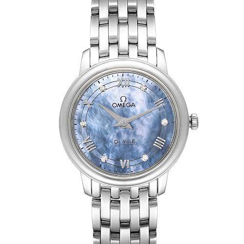 This is a front-facing view of the Omega 424.10.27.60.57.001 Women's Stainless Steel Mother of Pearl Dial 424.10.27.60.57.001 Women's Stainless Steel Mother of Pearl Dial DeVille Prestige MOP Diamond Ladies Watch 424.10.27.60.57.001, showing the dial and bracelet.
