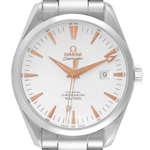 The Omega Aqua Terra 2502.34.00 Men's Stainless Steel Silver Dial 2502.34.00 Men's Stainless Steel Silver Dial model watch is shown from a front angle, highlighting its dial, hands, date window, and part of the bracelet.