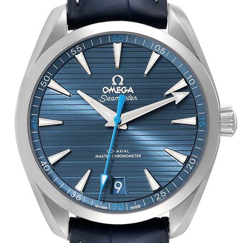 The image shows a frontal view of the Omega Aqua Terra 220.13.41.21.03.002 Men's Stainless Steel Blue Dial 220.13.41.21.03.002 Men's Stainless Steel Blue Dial watch, highlighting the dial, hands, date window, and bezel.