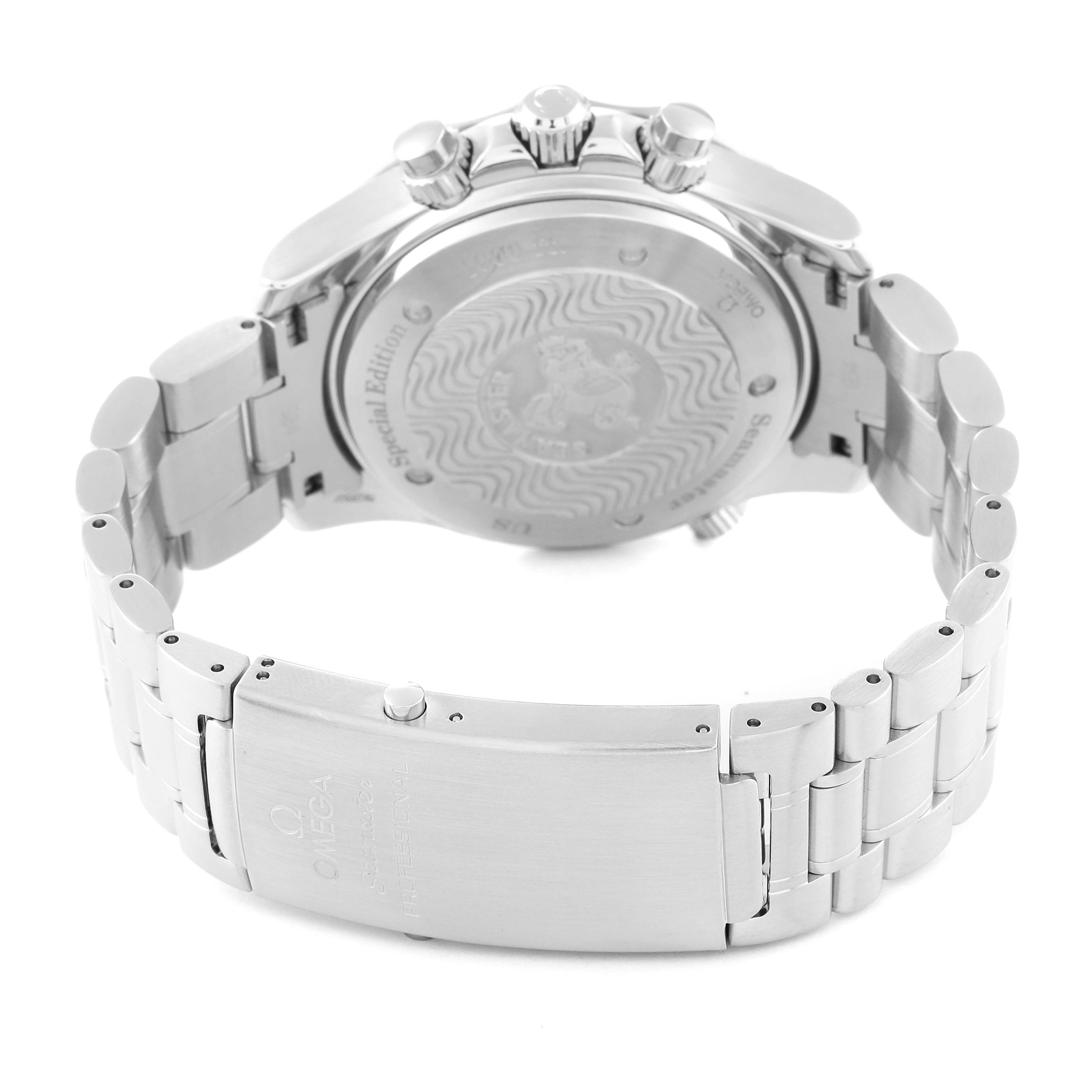 The image shows the back view of an Omega Seamaster 2589.30.00 Men's Stainless Steel Silver Dial 2589.30.00 Men's Stainless Steel Silver Dial watch, highlighting the bracelet, clasp, and case back.
