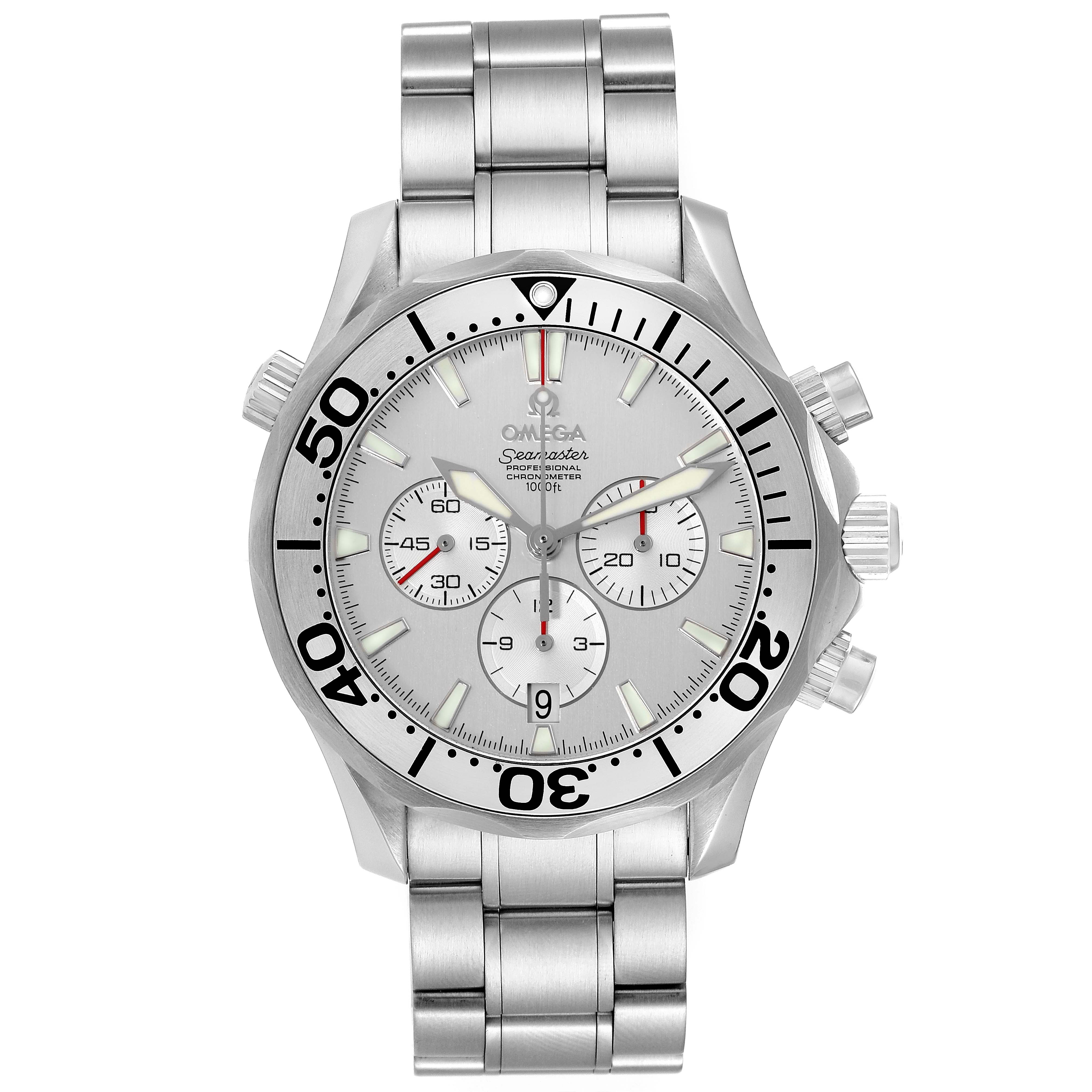 The image shows a front view of the Omega Seamaster 2589.30.00 Men's Stainless Steel Silver Dial 2589.30.00 Men's Stainless Steel Silver Dial watch, highlighting the dial, bezel, crown, chronograph pushers, and bracelet.