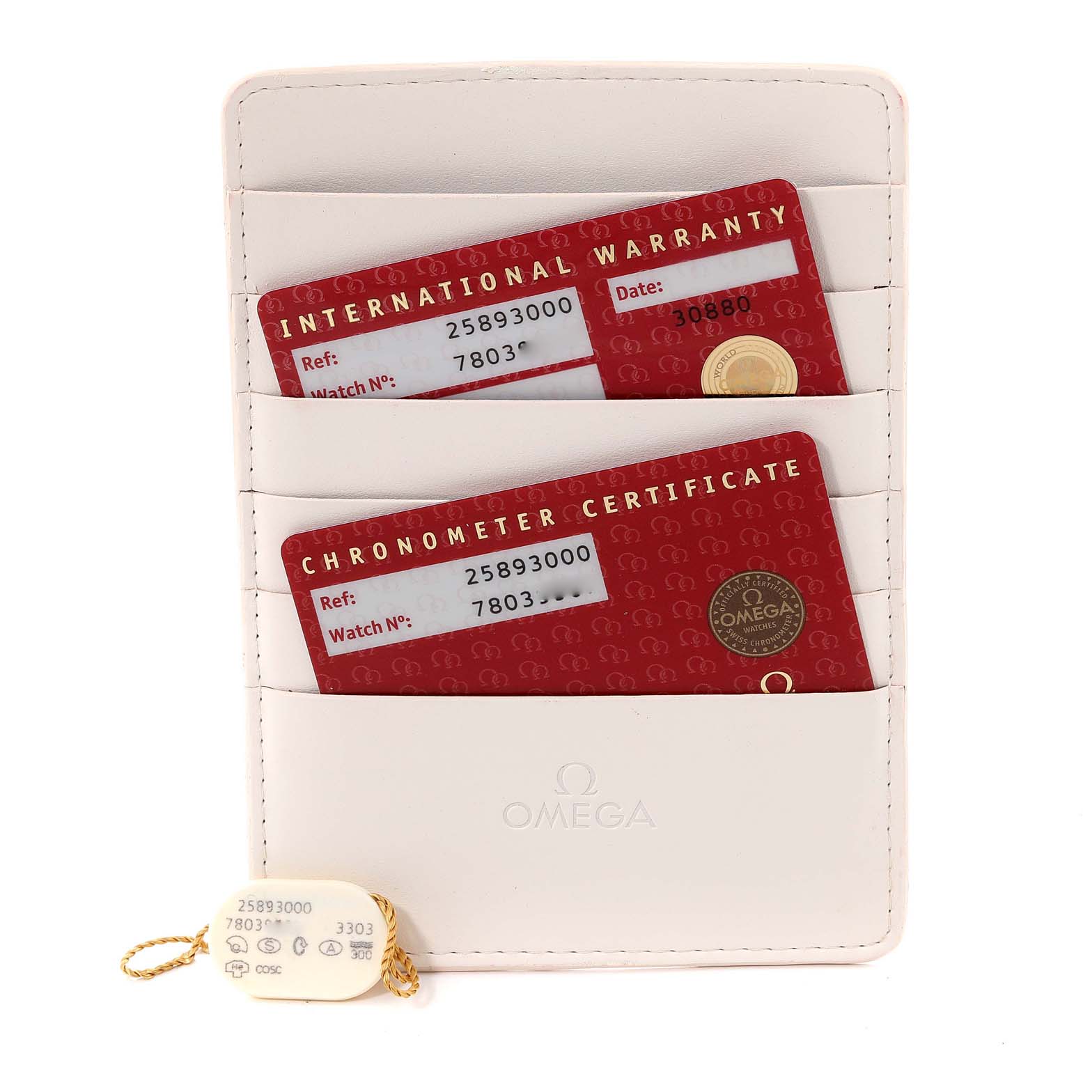 The image shows Omega Seamaster 2589.30.00 Men's Stainless Steel Silver Dial 2589.30.00 Men's Stainless Steel Silver Dial model warranty and chronometer certificate cards, along with a white holder and tag.